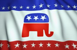 waving flag, us republican party elephant emblem, background, 3d illustration