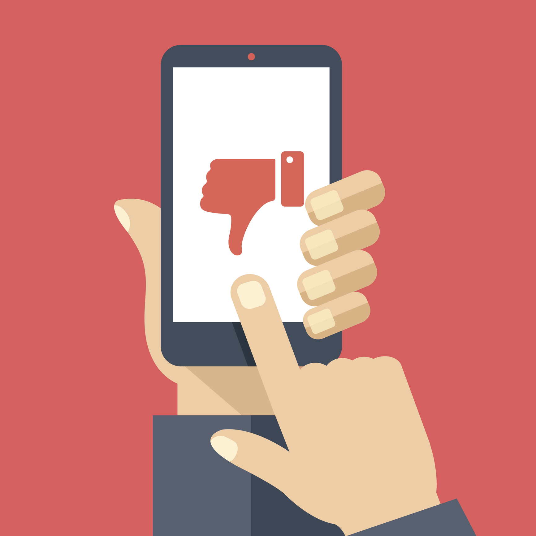 Hand holding smartphone with red dislike on screen. Social network and media on mobile phone. Modern graphic elements for web banners, web design, printed materials. Flat design vector illustration