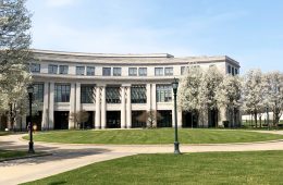 Photo of Kelvin Smith Library surrounded by spring trees