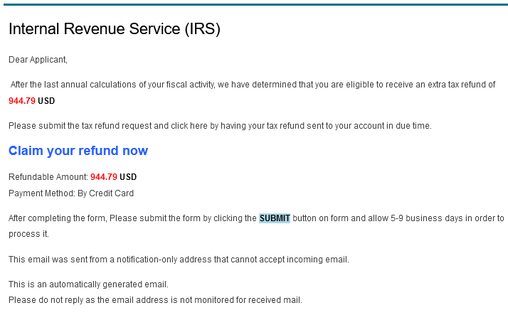 Screenshot of a scam email claiming to be from the IRS