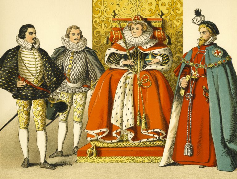 This vintage illustration depicts Queen Elizabeth I seated on her throne, with two noblemen standing to her right and the Knight of the Royal Garter standing to her left. Illustrated and painted by Albert Kretschmer (1825 - 1891), it was published in an 1882 collection of illustrated costumes of the world and is now in the public domain.