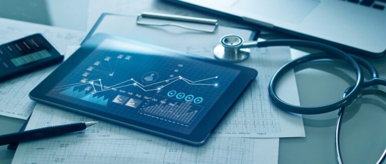 Healthcare business concept, Medical examination and growth graph data of business on tablet with doctor's health report clipboard on background.