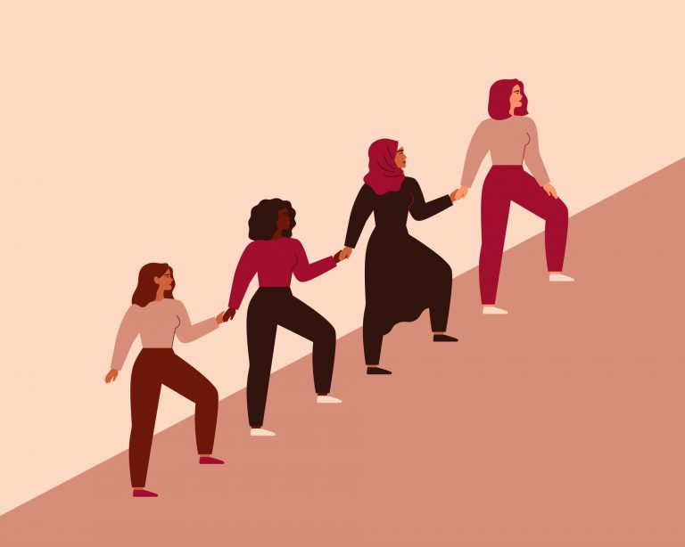 Photo illustration of four women holding hands while ascending a slope