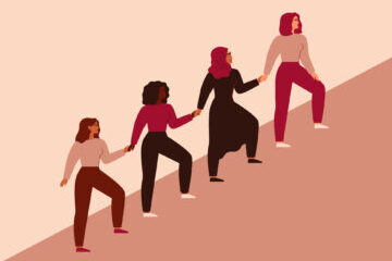 Women can do it. Four female characters walk up together and hold arms. Girls support each other. Friendship poster, the union of feminists and sisterhood.