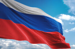 Russia flag waving cloudy sky background realistic 3d illustration