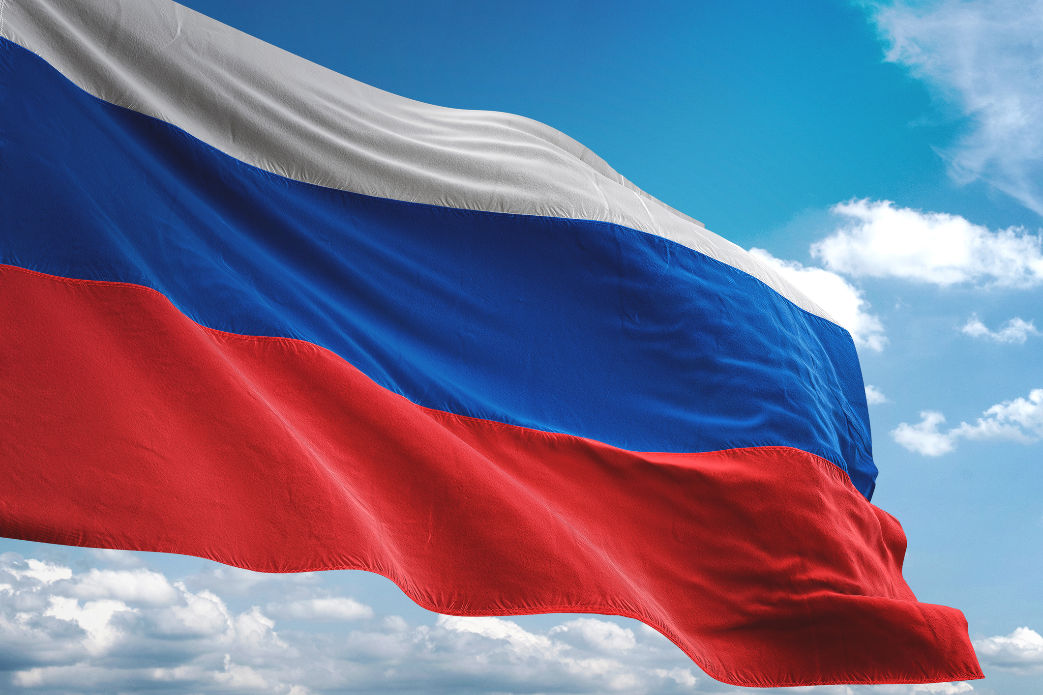 Russia flag waving cloudy sky background realistic 3d illustration