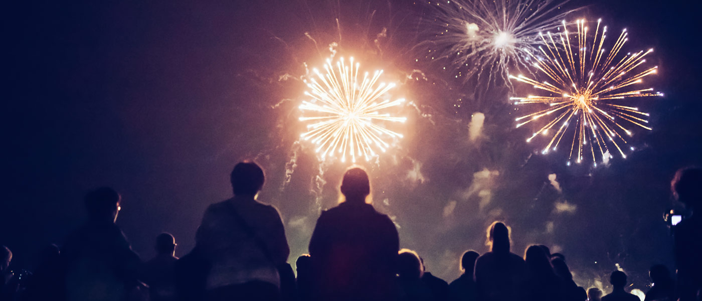 Photo taken from behind showing the silhouettes of people watching fireworks