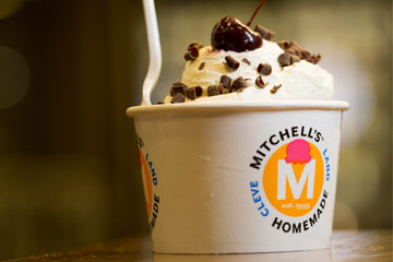Photo of a cup of Mitchell's ice cream with a cherry and chocolate shavings on top
