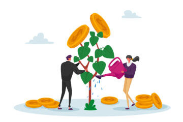 Business Man and Woman Characters Watering Money Tree, Growing Wealth Capital for Refund Care of Plant with Gold Coins