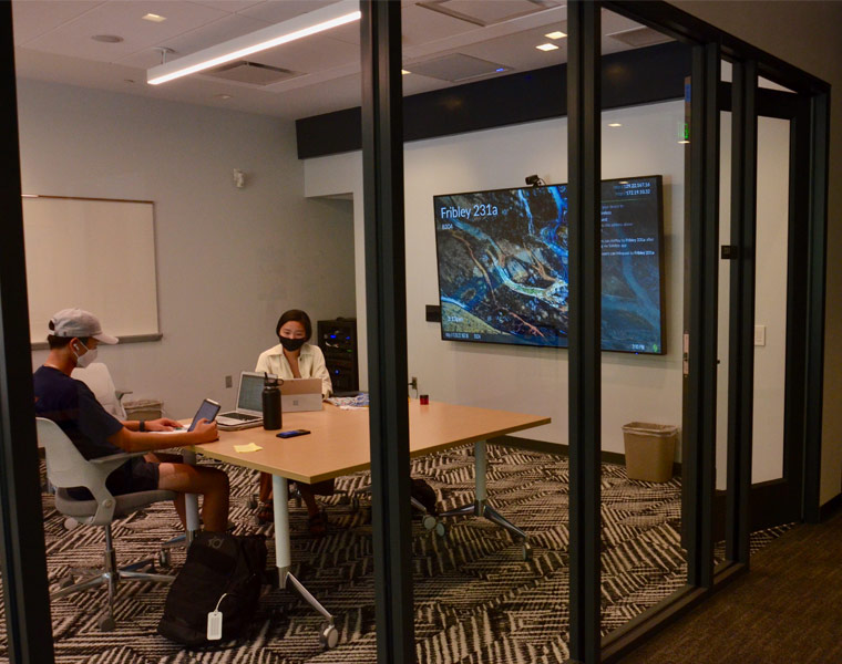 Photo showing students working in a meeting space in the redesigned Fribley Commons