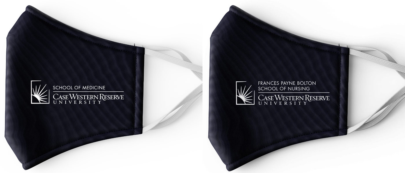 Photo compilation of two mask mockups with the logos for the CWRU medical and nursing schools on them