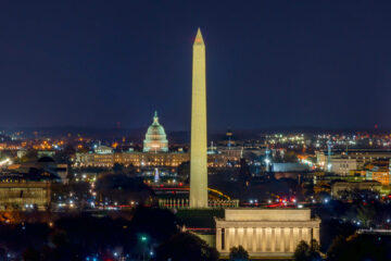 Aerial photo of Washington DC at night