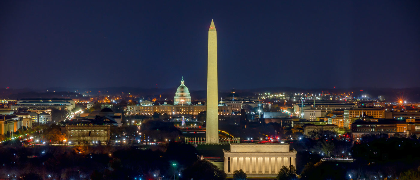 Aerial photo of Washington DC at night