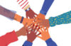 Friends high five concept. Illustration of people hands together for unity or diversity teamwork. Isolated friend group hand round with trendy retro fashion.