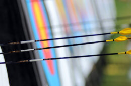 Close up photo of archery arrows piercing a target
