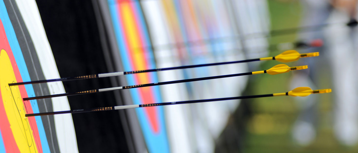 Close up photo of archery arrows piercing a target