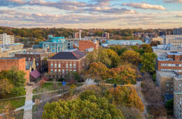 Aerial photo overlooking Case Quad on CWRU's campus during fall