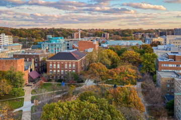Aerial photo overlooking Case Quad on CWRU's campus during fall
