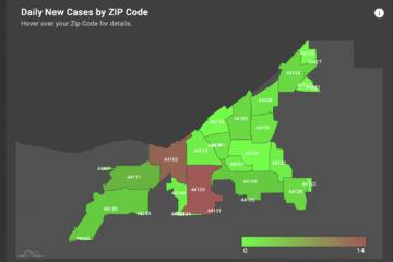 Screenshot of the virtual dashboard tracking COVID cases in Cleveland, with zip code 44109 showing the highest