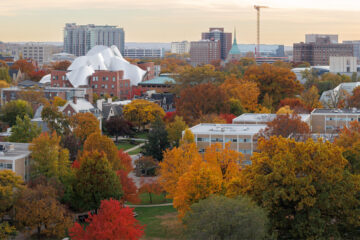 Aerial photo of the CWRU campus with fall foliage on the trees