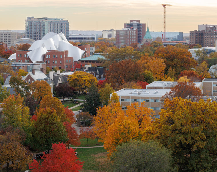 Aerial photo of the CWRU campus with fall foliage on the trees