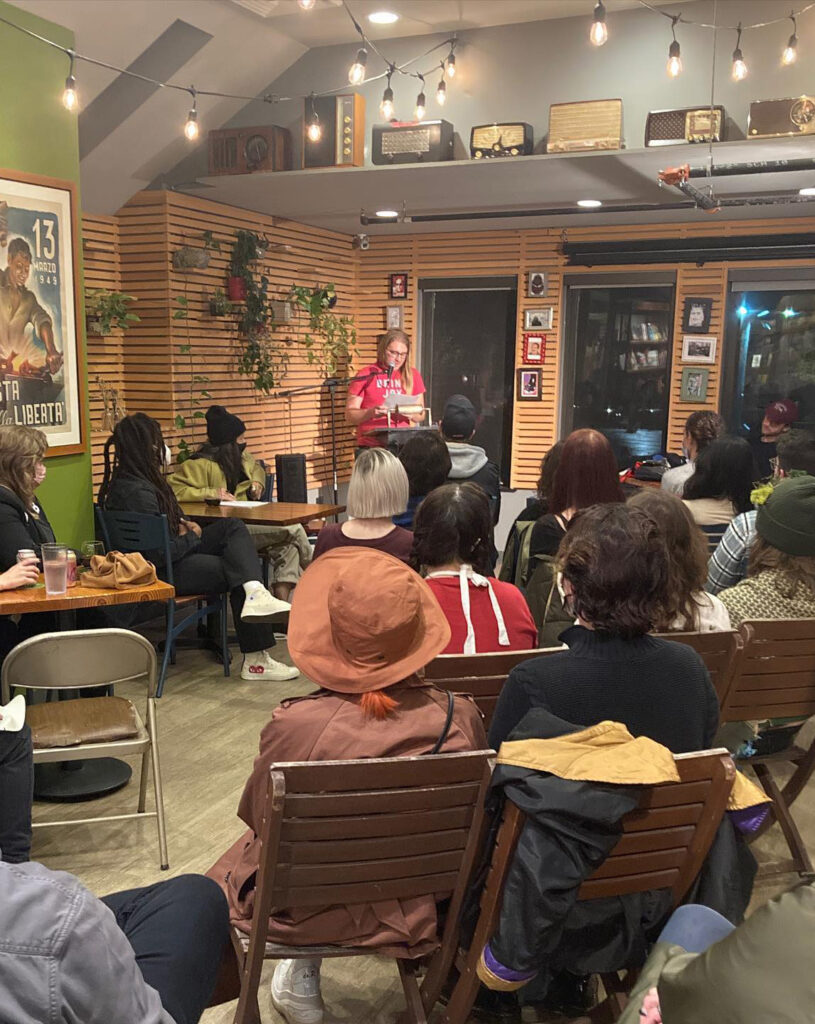 Photo of a speaker event at Visible Voice Books