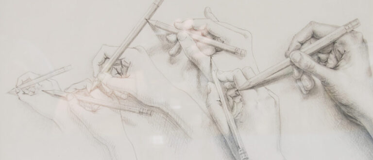 Graphite drawing of hands drawing hands