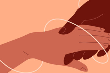 Illustration of the concept of lending a helping hand with a thread to connect the two hands