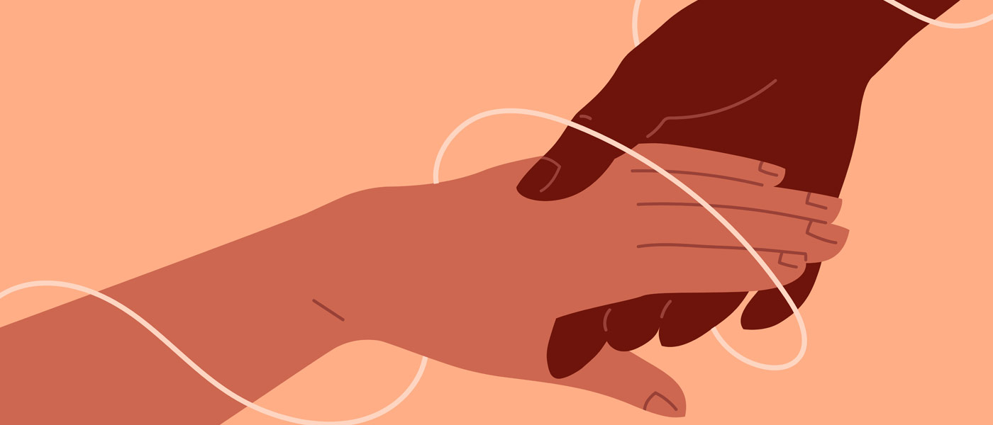 Illustration of the concept of lending a helping hand with a thread to connect the two hands