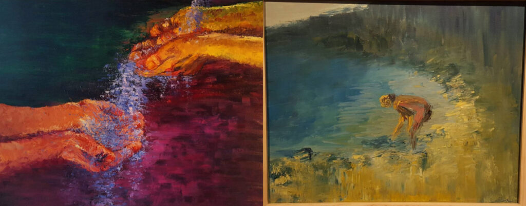 Photo compilation of two paintings by Joanna Klingenstein, one with outstretched hands pouring water into another hand and another of a person standing by a body of water
