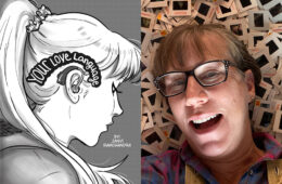 Photo compilation of a comic drawn by Janvi Ramchandra of a woman wearing a hearing aid and the words "Your Love Language" written on it and a photo of Virginia Morrison laying on film slides
