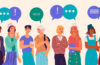 Photo illustration of a diverse group of people in conversation with their discussion illustrated with different forms of punctuation