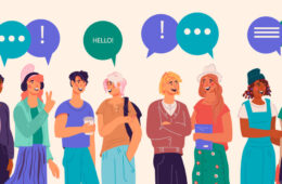 Photo illustration of a diverse group of people in conversation with their discussion illustrated with different forms of punctuation