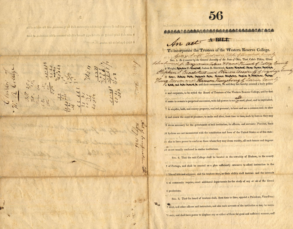 Photo of a yellowing document showing the issuing of Western Reserve College's charter