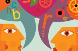 A vibrant and colorful illustration showing multiple heads talking with letters and illustrations in thought bubbles above them