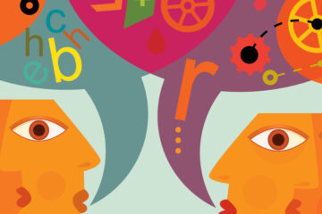 A vibrant and colorful illustration showing multiple heads talking with letters and illustrations in thought bubbles above them