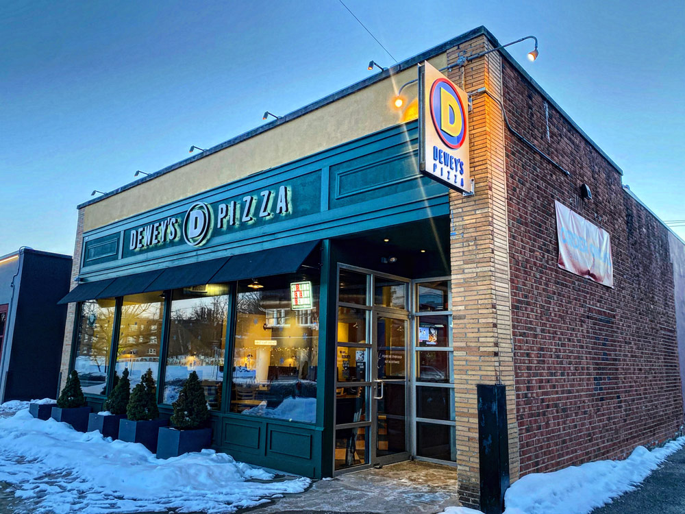 Exterior of Dewey's pizza shop