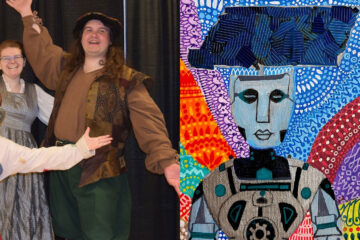 Photo compilation of photos of Jess Rudolph striking a pose in costume and colorful artwork by Sameera Nalin Venkat