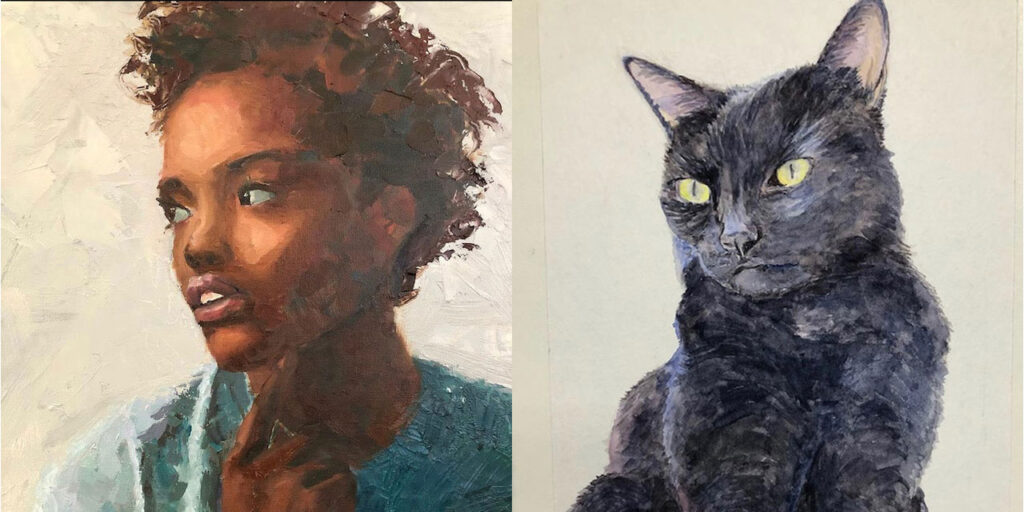 Photo compilation of paintings by Laura Fuchs, one of a woman looking off to the side and the other of a black cat