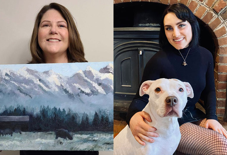 Photo compilation of images of Laura Fuchs holding a landscape painting and Olivia Dhaliwal with a dog