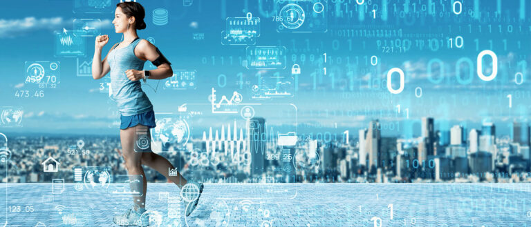 woman running with computerized images superimposed to represent technology