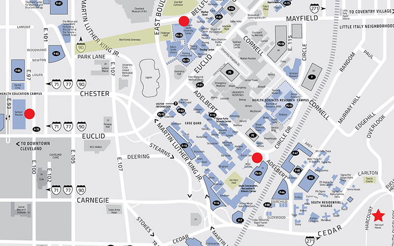 A graphical map of Case Western Reserve's campus with buildings and parking garages labeled, with red dots marking Samson Pavilion, Tinkham Veale University Center, space near Veale parking garage, and Harcourt House