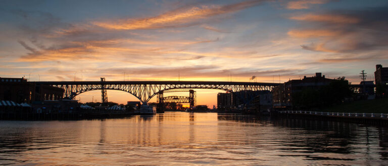 Bridge over Cuyahoga RIver during sunset