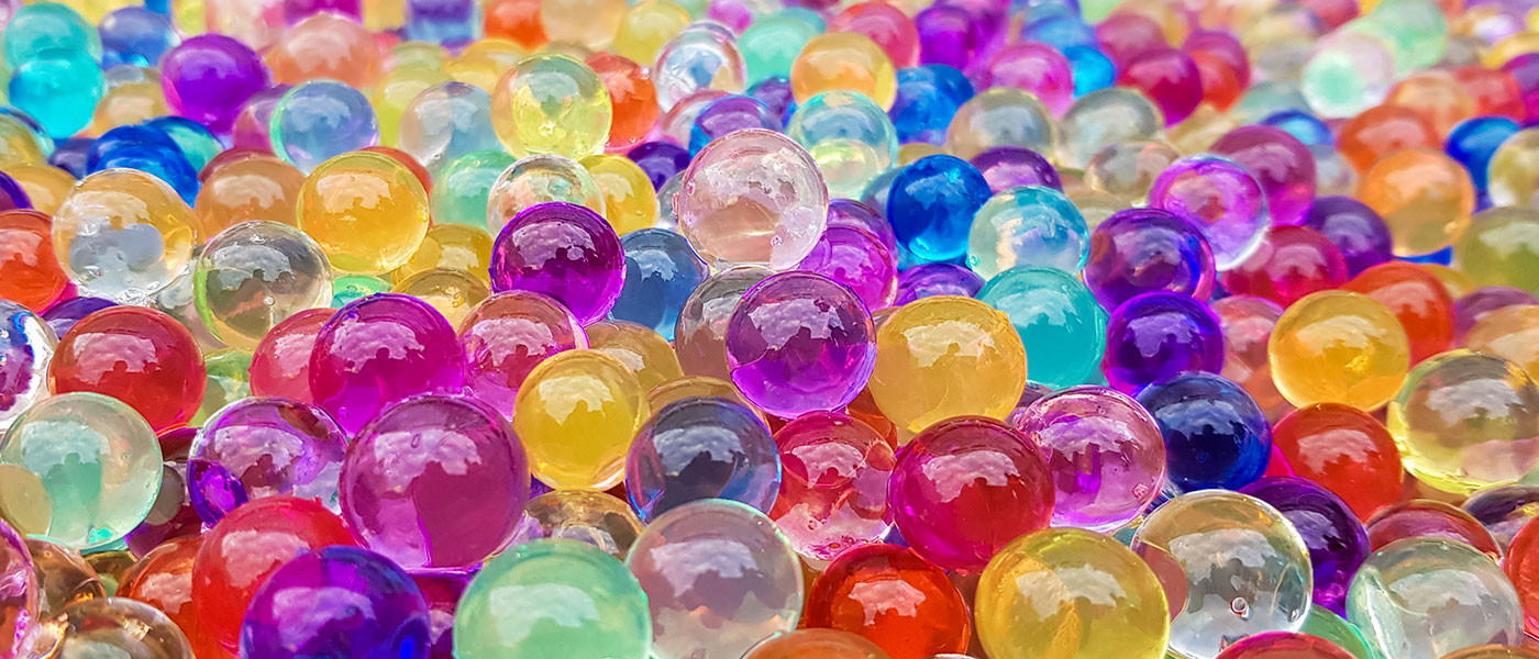 closeup of colorful balls filled with gel