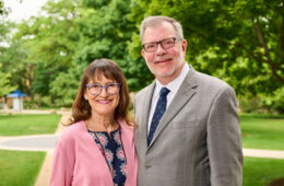 Case Western Reserve University President Eric W. Kaler and his wife, Karen Kaler, stand outside at CWRU