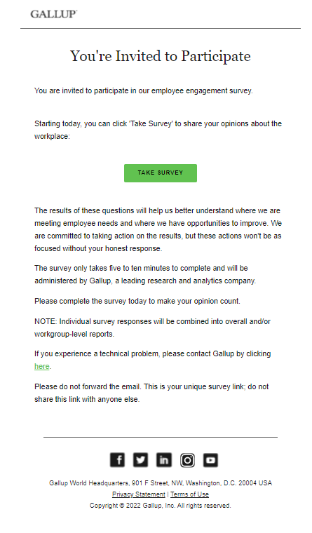 A screenshot of an email from Gallup with a header that says "You're invited to participate" with copy and a green button to take a survey