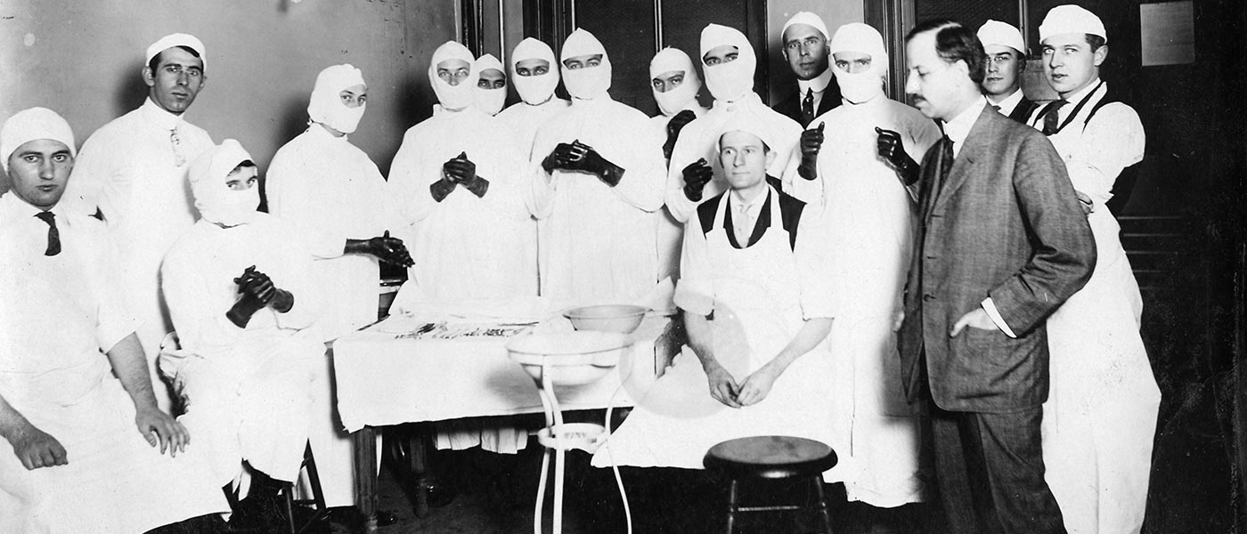 A class of medical students prepare for surgery in 1910.