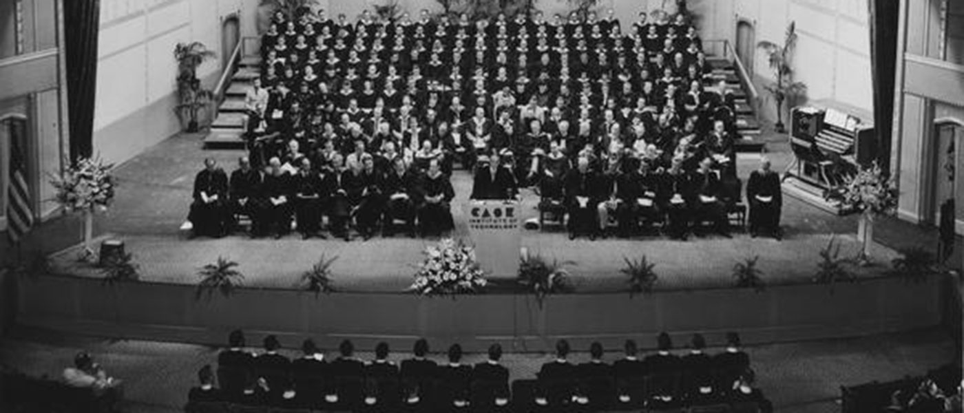 A group of graduates is addressed at the Case Institute of Technology commencement ceremony in 1954.
