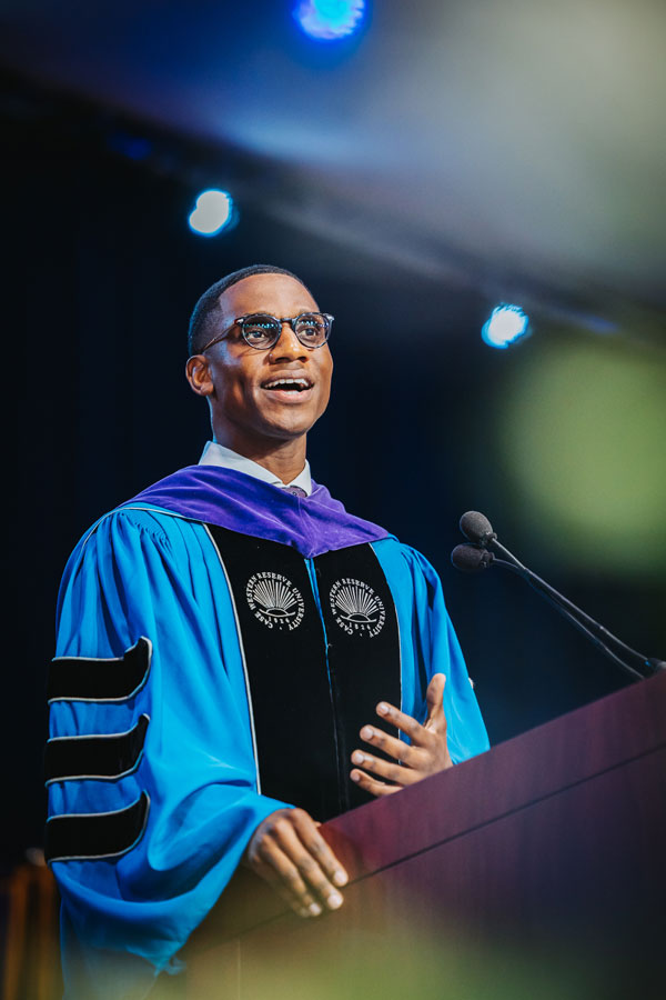 Photo of Cleveland Mayor Justin Bibb speaking at Case Western Reserve University commencement in 2022