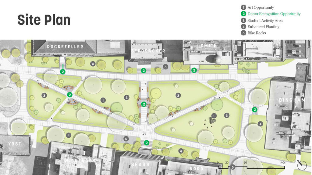 An architectural drawing of the site plan for Case Quad, which includes areas marked with numbers denoting art opportunity, donor recognition opportunity, student activity area, enhanced planting and bike racks